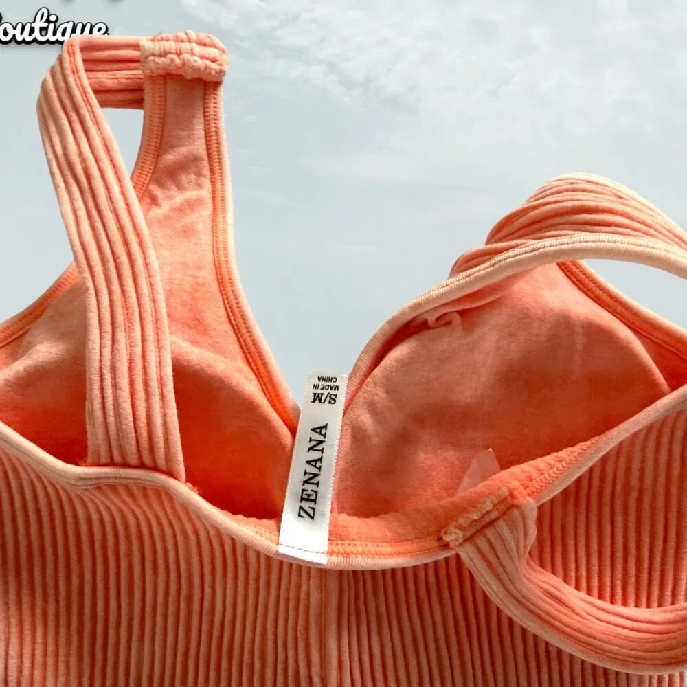 Zenana Soft Very Stretchy Coral Orange Mineral Wash V Neck Yoga Tank Bralette